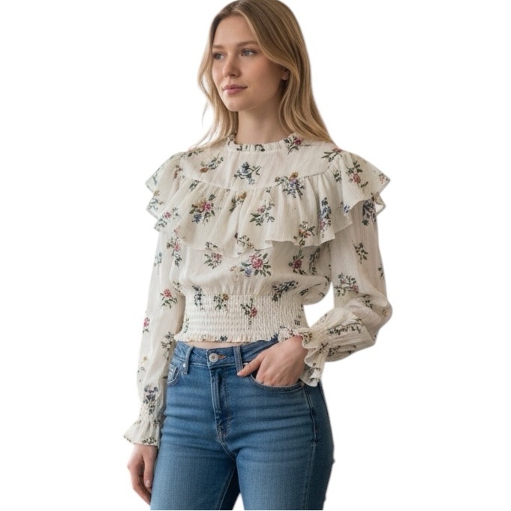 Zara Cream Floral Ruffle Long-Sleeve Blouse Cropped Smocked Cottage Size XS